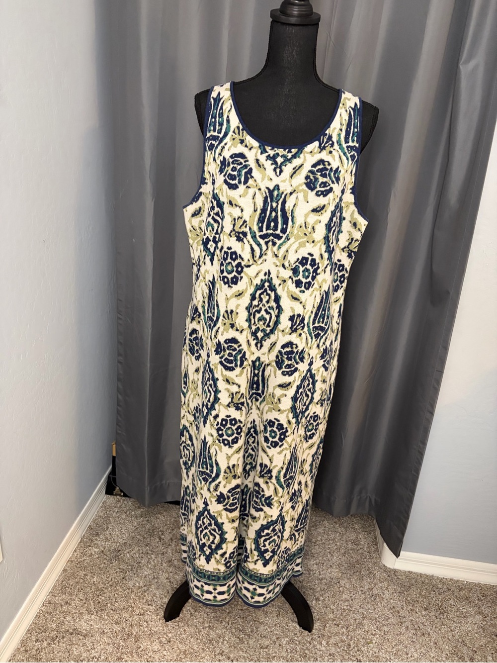 158. Peruvian Connection Sleeveless Cream and Navy Printed Maxi Dress, Size L